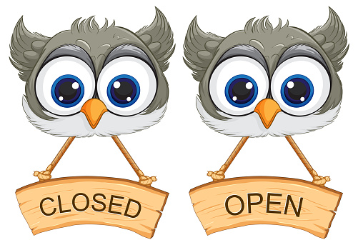 Cartoon owls with signs showing open and closed status.
