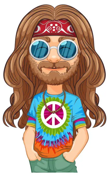 Vector illustration of Colorful hippie with peace sign and sunglasses
