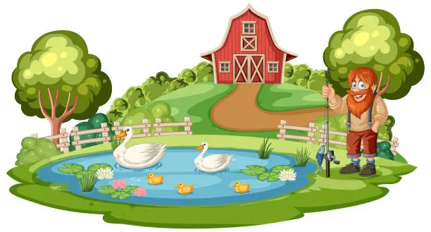 Vector illustration of Illustration of a farmer with animals at a pond.