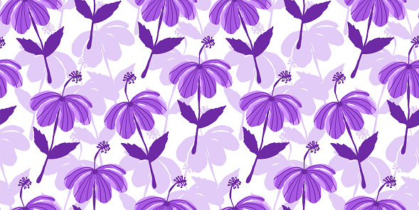 Purple hibiscus drawing seamless tropical floral pattern. Pattern swatch ready in vector color swatch panel. Can be used for textile, fabric print, wallpaper-decor, wrapping paper, home decor, clothing. banner, cover, cards and more