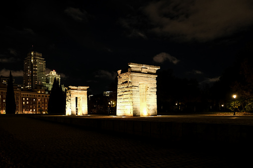 Madrid – November 2023 – View of the Temple of Debod, an ancient Nubian temple that was dismantled and rebuilt in the center of Madrid, Spain, in Parque de la Montaña