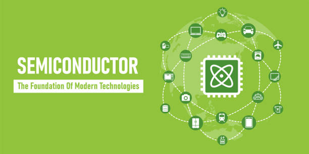 ilustrações de stock, clip art, desenhos animados e ícones de vector banner illustration of a semiconductor and its applications. - semiconductor computer wafer computer chip silicon