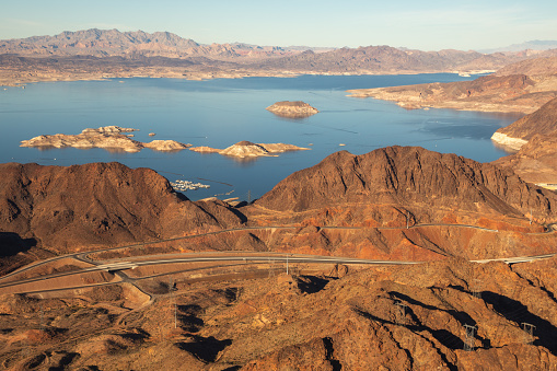 Aerial photo of Lake Mead captured from a helicopter flying near the Hoover Dam.