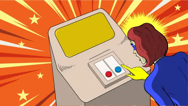 Vector illustration of Vector Pop Art Sweating Female Superhero Choosing Button Meme Stock Illustration