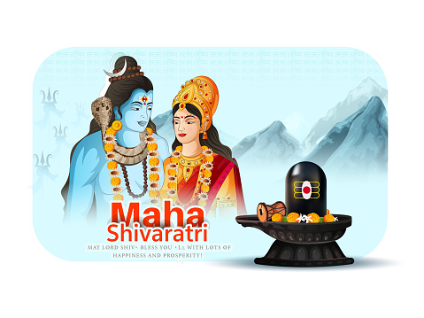 Maha Shivratri creative poster Illustration Of Lord Shiva and godess parvati For hindu festival Shivratri With Hindi Message and calligraphy.
