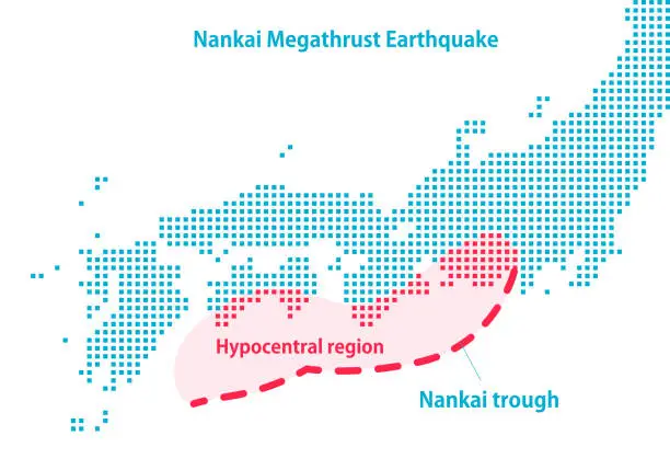 Vector illustration of Hypocentral region map of Nankai trough earthquake.