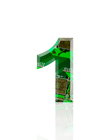 Close-up of three-dimensional circuit board number 1 on white background.