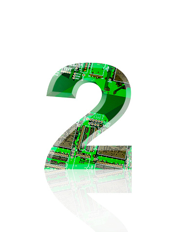 Close-up of three-dimensional circuit board number 2 on white background.