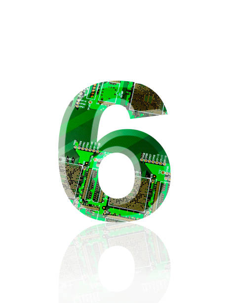 isolated shot of three-dimensional circuit board number 6 on white background - binary code close up computer data imagens e fotografias de stock