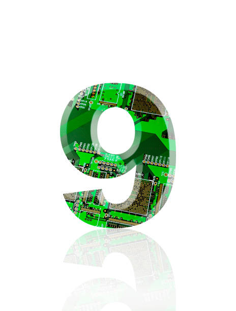 isolated shot of three-dimensional circuit board number 9 on white background - binary code close up computer data imagens e fotografias de stock