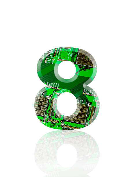 isolated shot of three-dimensional circuit board number 8 on white background - binary code close up computer data imagens e fotografias de stock