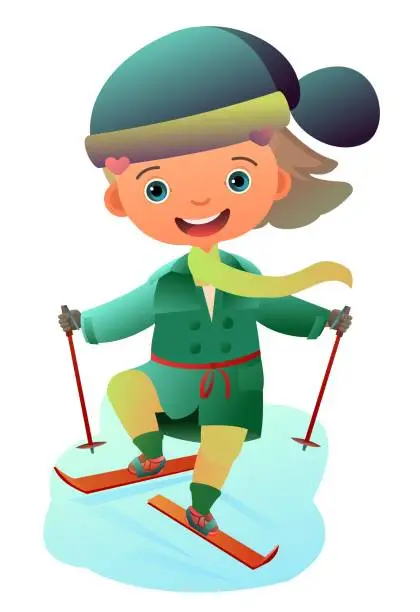 Vector illustration of Girl on skis. Child in winter clothes. Fun frost. Winter clothes. Object isolated on white background. Cartoon fun style Illustration vector