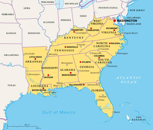 미국 남동부 지역, 미국 남부, 정치 지도 - dixieland stock illustrations