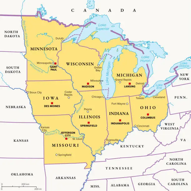 Vector illustration of Midwest Region of the United States, American Midwest, political map