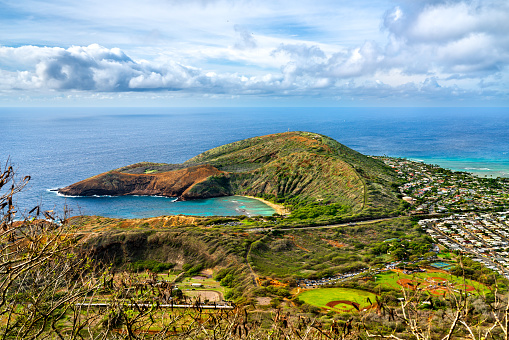 Aerial view of Hanauma Bay on the island of Oahu in Hawaii, United States