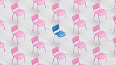 The concept of choice and individuality. Unique blue office chair in the middle of pink office chairs on white tiled floor