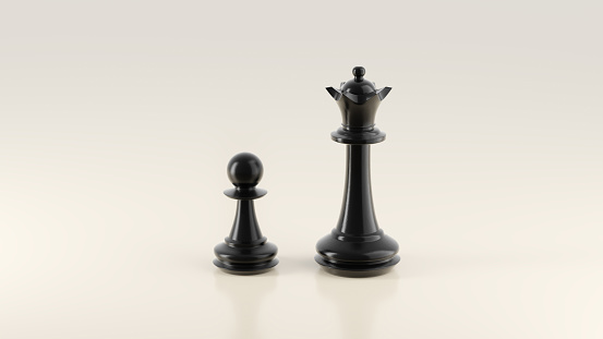 The concept of choice, challenge and partnership. Black chess pieces queen and pawn on the clean beige background