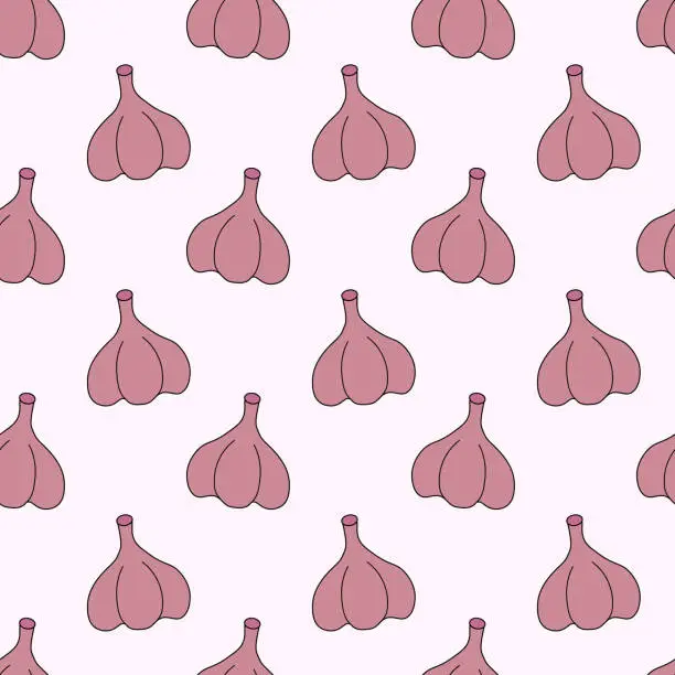 Vector illustration of Seamless Pattern with Bulb Garlic. Kitchen background. Food wallpaper. Vector flat illustration.