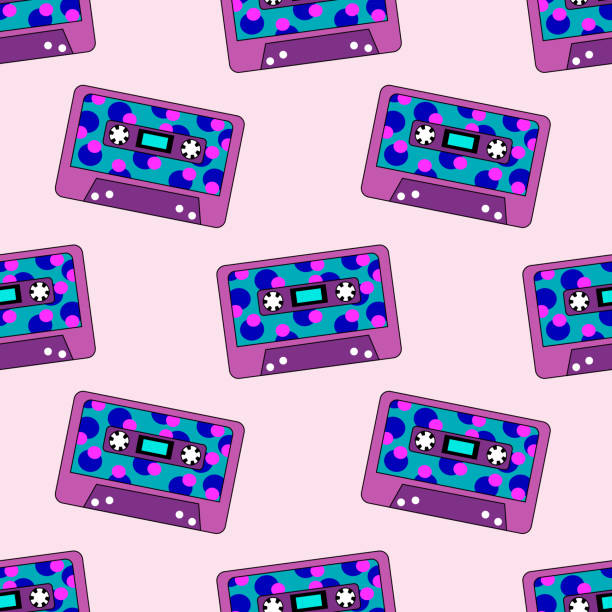 istock Seamless Pattern. Retro vintage audio music cassette with magnetic tape. Purple and blue, pink colors. Abstract wallpaper design in 90s, 80s, 70s style. Vector flat illustration. 2057306236