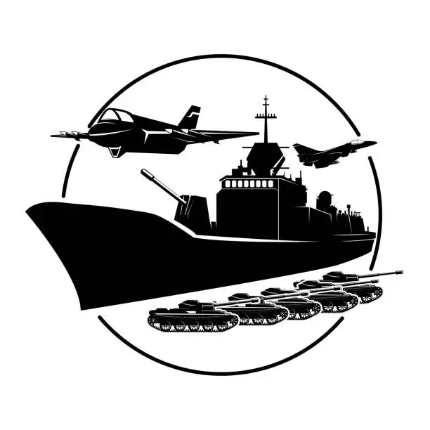 Vector illustration of Vintage Fighter Jet Air force Navy Seal Ship and Tank for Military Army Soldier Illustration Design