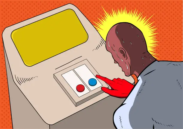 Vector illustration of Vector Pop Art Sweating African American Superhero Choosing Button Meme Stock Illustration