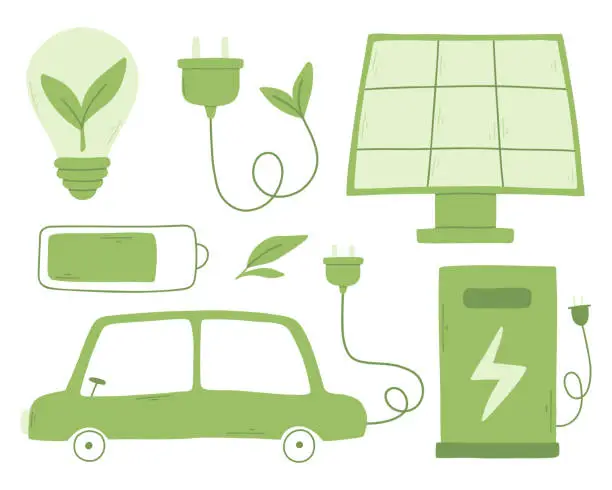 Vector illustration of Set of green energy elements. Collection of environmental elements. Electric car, solar battery, station, light bulb