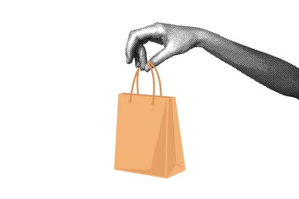 istock Trendy halftone collage. Poster template about a sale. Hand holding a package. Online shopping. Announcement and marketing. Modern vector art . 2057340540