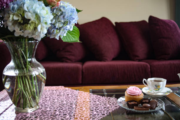 Enjoying a luxury sofa and a cup of tea with sweets