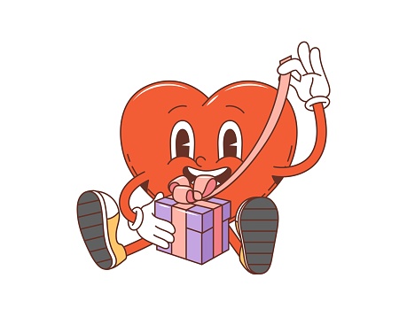 Cartoon groovy Valentine heart character with gift in retro 70s hippie art, vector comic personage. Groovy heart with funny face unpacking love gift box for wedding or Valentine day holiday emoji