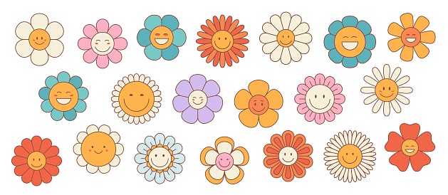 Retro groovy daisy and sunflower flowers or cute happy characters, cartoon vector. Funny chamomile or daisy flower face emotions and emoticons, happy hippie camomile laughing with colorful petals