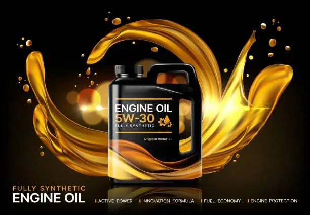 Vector illustration of Realistic car engine motor oil bottle with splash