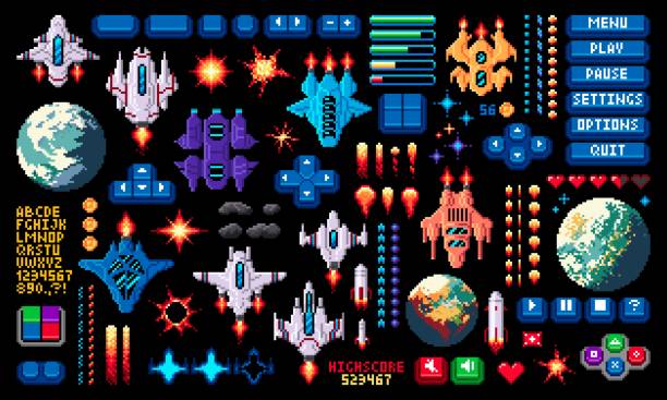 illustrations, cliparts, dessins animés et icônes de atout de jeu de pixel de l’espace d’arcade 8 bits, ensemble d’envahisseurs - console de jeu