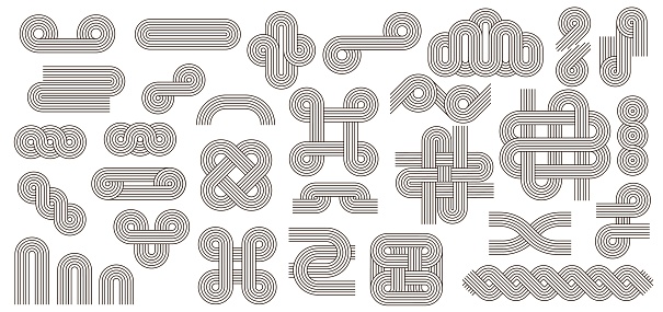 Geometric zen arch stroke line patterns, figures and shapes isolated vector set. intricate ornaments harmoniously blending simplicity and elegance for a serene and visually captivating aesthetic
