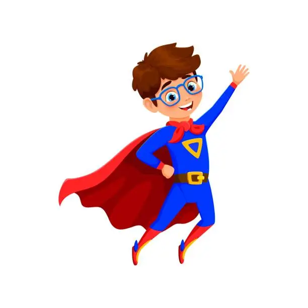 Vector illustration of Cartoon kid boy superhero with a signature emblem