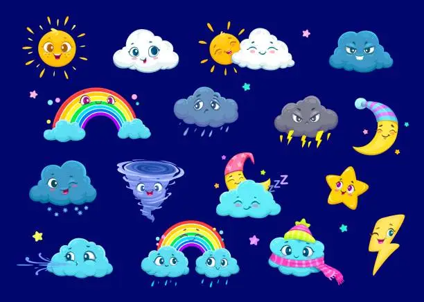 Vector illustration of Weather characters, sun, cloud, rain, snow, wind