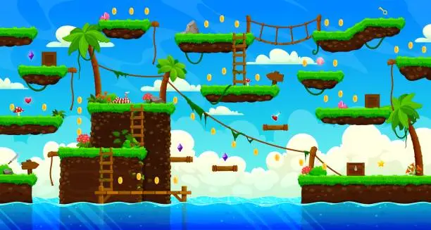 Vector illustration of Arcade tropical island game level map interface