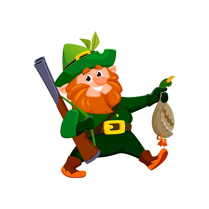 Cartoon gnome or dwarf hunter character holds a plump, orange-beaked duck in its arms, with a mischievous grin and a pointy, colorful hat. Isolated vector personage with riffle back home from hunting