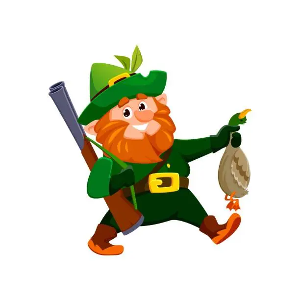 Vector illustration of Cartoon gnome or dwarf hunter character with duck