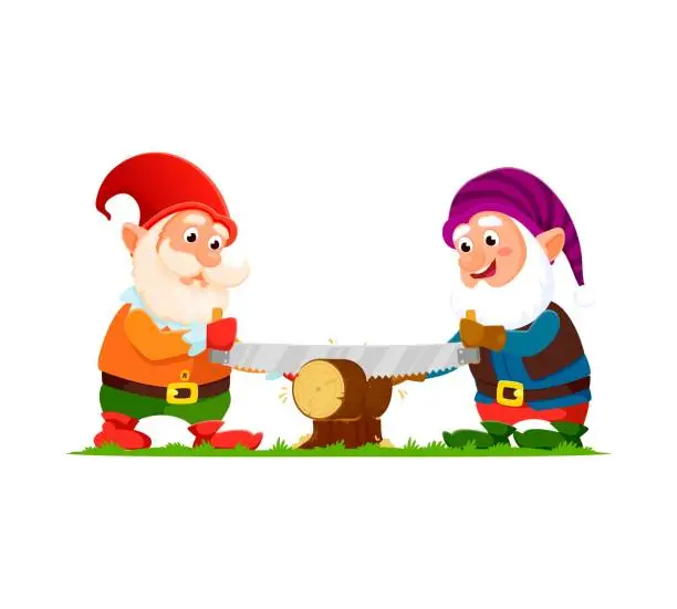 Vector illustration of Cartoon gnome or dwarf happy characters saw a log