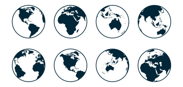 Blue and white Earth globe set. High detailed wrapped World map in round shape. Blue and white Earth globe set. High detailed wrapped World map in round shape. Vector illustration. globe stock illustrations