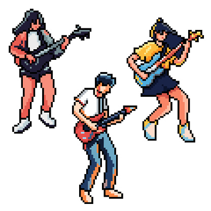 pixel art of teenagers rock bands isolated background