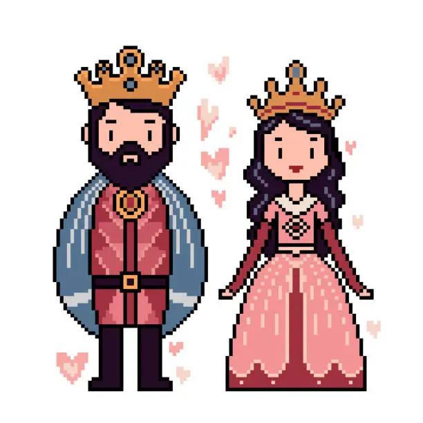 Vector illustration of pixel art of king queen royal