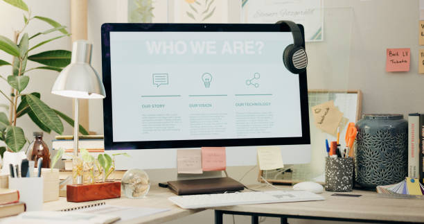 istock Office, computer screen and website about us, information on crm business for virtual assistant. Monitor, empty workspace and online customer service web page for consulting, contact info and network 2057379912