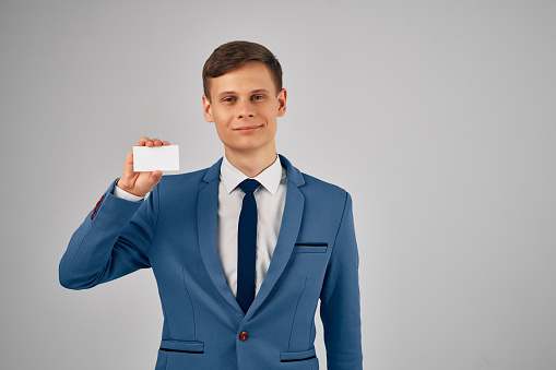 business man in suit with tie business card Copy Space advertising. High quality photo