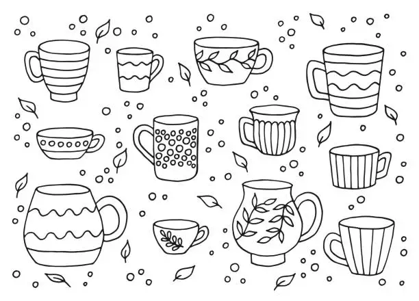 Vector illustration of Hand drawn cup mug. Set of cups in doodle style. Vector illustration isolated on white background.