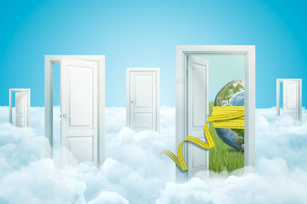 3d rendering of white clouds with open doorways and Earth globe covered with yellow measuring tape on blue background. Concept art. Nature and science. Ecology and environment.