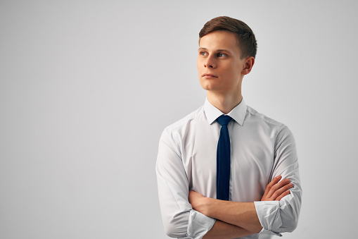 business man in shirt with tie posing studio work. High quality photo