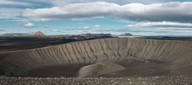Panoramic view from the top of Hverfjall volcanic crater in Lake Myvatn region in Northern Iceland.