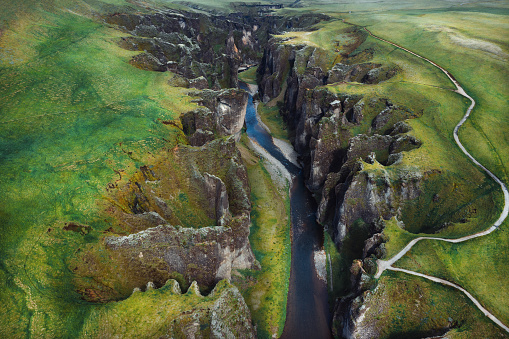 Fjadrargljufur canyon in Iceland. Aerial view.