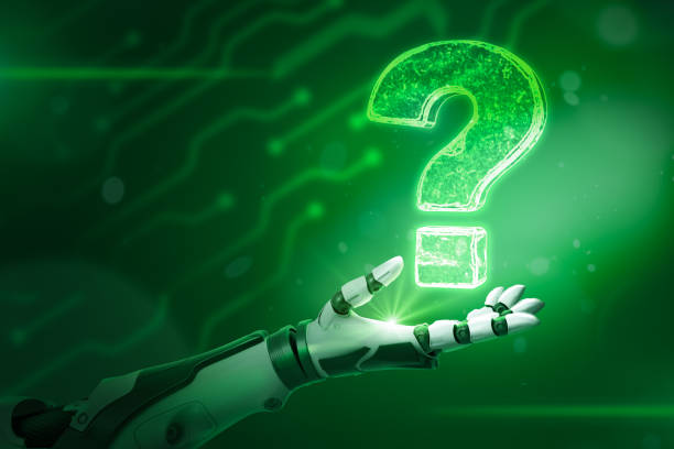 istock Robotic hand and neon question mark on green background 2057412240